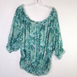 Soft Surroundings Blouse Womens Xl‎ Teal Paisley Smocked Off Shoulder Sheer Top